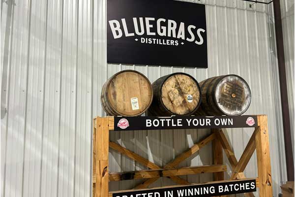 Barrels of bourbon inside a bourbon distillery during a tour 