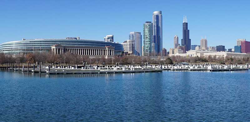 Chicago Bears View of Chicago Bears stadium and the Chicago Downtown Skyline