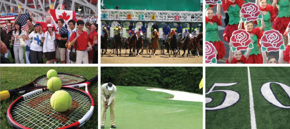 Collage of international sporting events including tennis, golf, football, and horse racing
