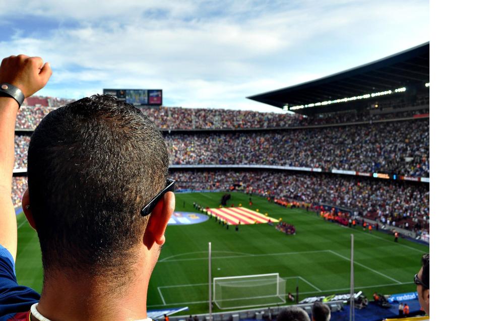 Soccer fan watching match in packed stadium from stands