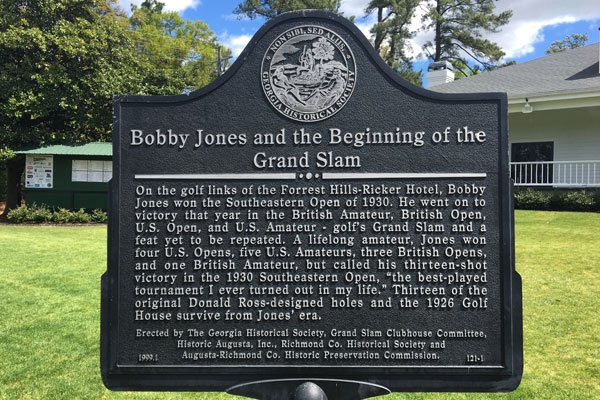 Bobby Jones historic plaque at Forrest Hills Golf Course in Augusta, Georgia. 