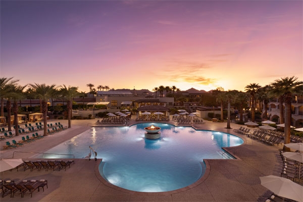 The Fairmont Scottsdale Princess Resort pool at sunset